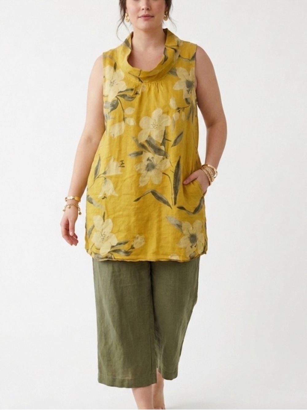 Lungo L’Arno Italy Floral Linen Tunic Sleeveless Yellow Floral Size 2X